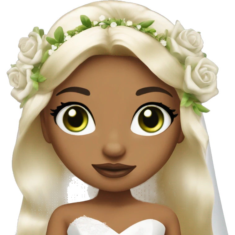 Bratz, bride, black half up half down hair, olive skin, green almond cat eyes emoji