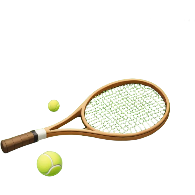 A tennis racket resting on the green grass of a tennis court, with a tennis ball placed nearby and the net stretching across the court. The background captures the fresh, open atmosphere of a traditional grass court, emphasizing the elegance and precision of the sport. emoji