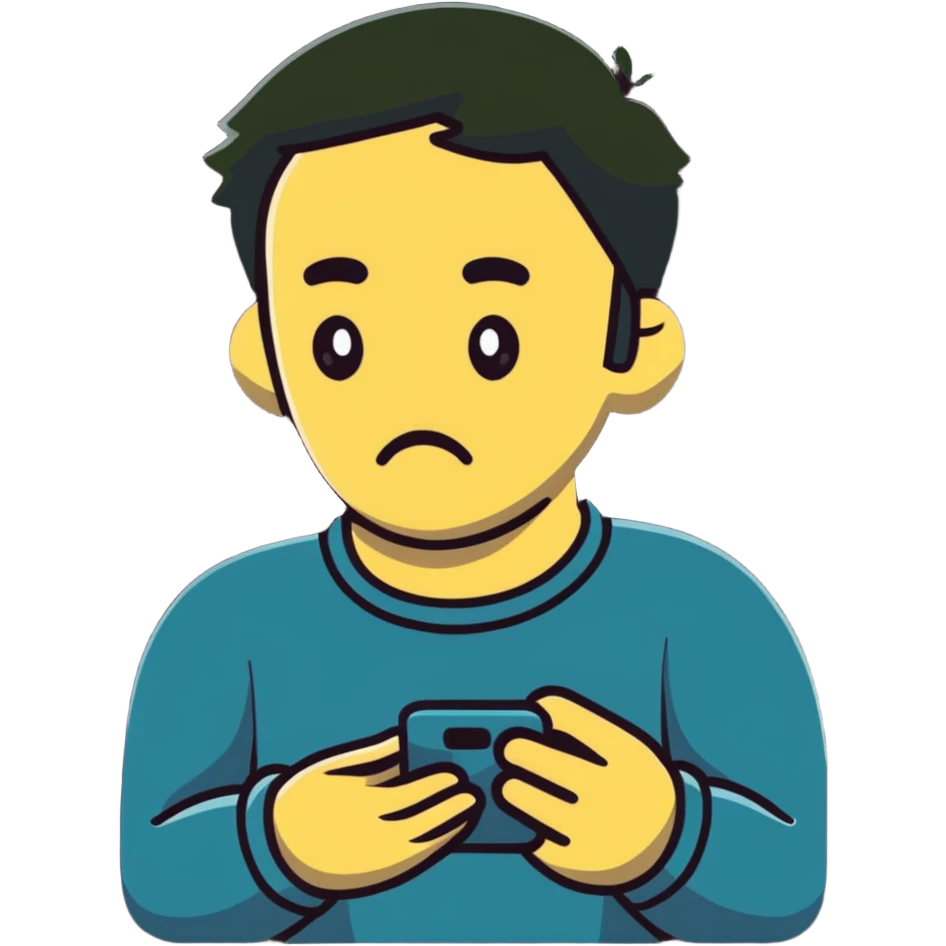 man with shameful expression looking at his smartphone emoji