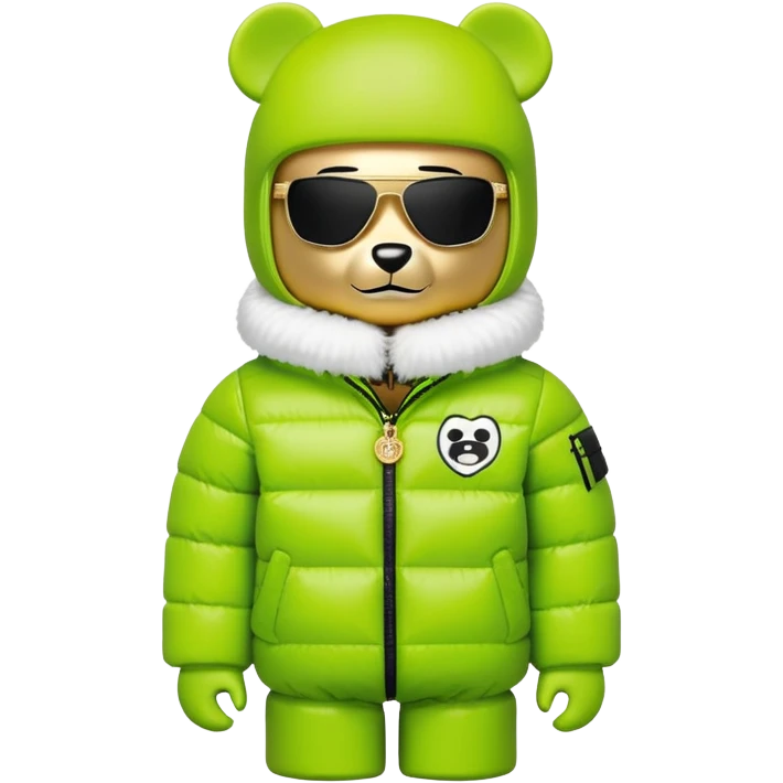 authentic cubic bearbrick figure with block head, wearing lime green balaclava with integrated black visor lens at eye area, oversized Supreme logo puffer jacket with large fur collar and fur trim, gold chains emoji