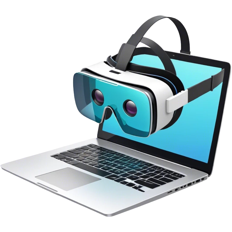VR headset lying next to a laptop, connected by wires. On the laptop screen a VR/AR modeling program is opened. Floating 3D models or virtual objects. Modern, tech-inspired colors. No emojis or smiley faces. Transparent background. emoji
