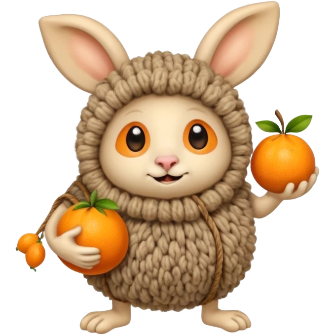 Смешной зверёк, сделанный из шерсти, с большими круглыми глазами, большими мохнаиыми ушами, пузатенький, на кривых волосатых ножках, в волосатых ручках авоська с апельсинами. emoji