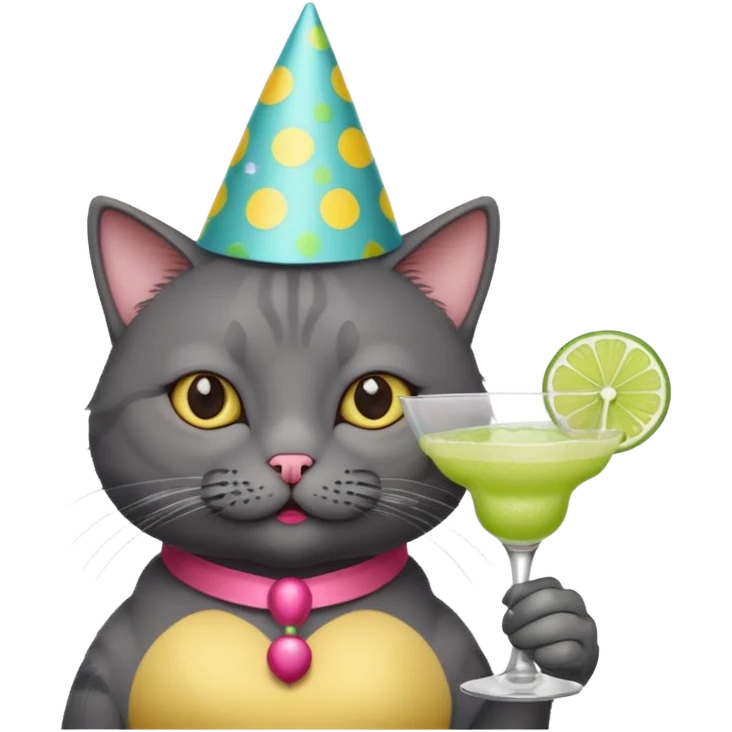 An old, dark grey cat is wearing a party hat, and drinking a margarita. emoji
