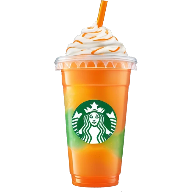 Realistic clear plastic cup with orange plastic Transluscent domed lid with orange and white swirled Frappuccino inside and green straw through the top of the lid. emoji