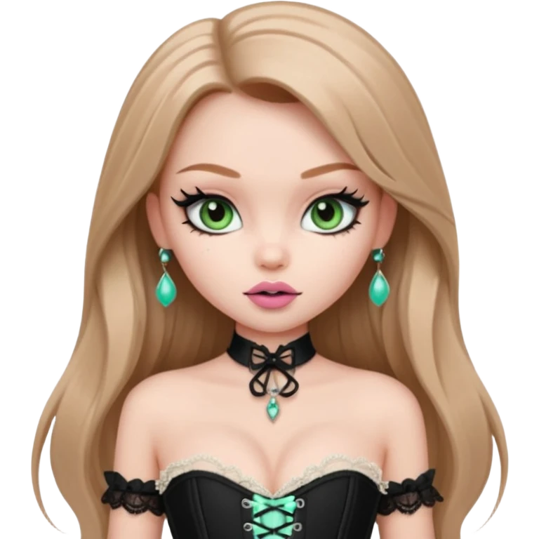 pretty bratz girl, long straight LIGHT BROWN HAIR, jade green eyes, black eyeliner, pale skin, black corset clothes with laces emoji