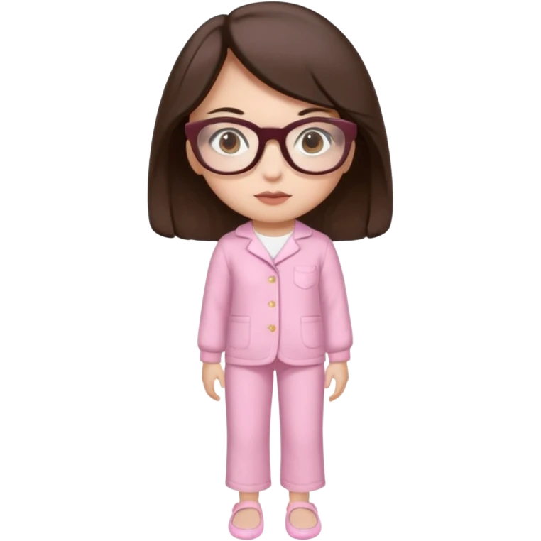 Girl with dark brown hair, light skin, brown eyes, wearing a miu miu glasses the brown ones, and wearing a top in white with a pair of pyjama pants in pink and a slipper in white  emoji