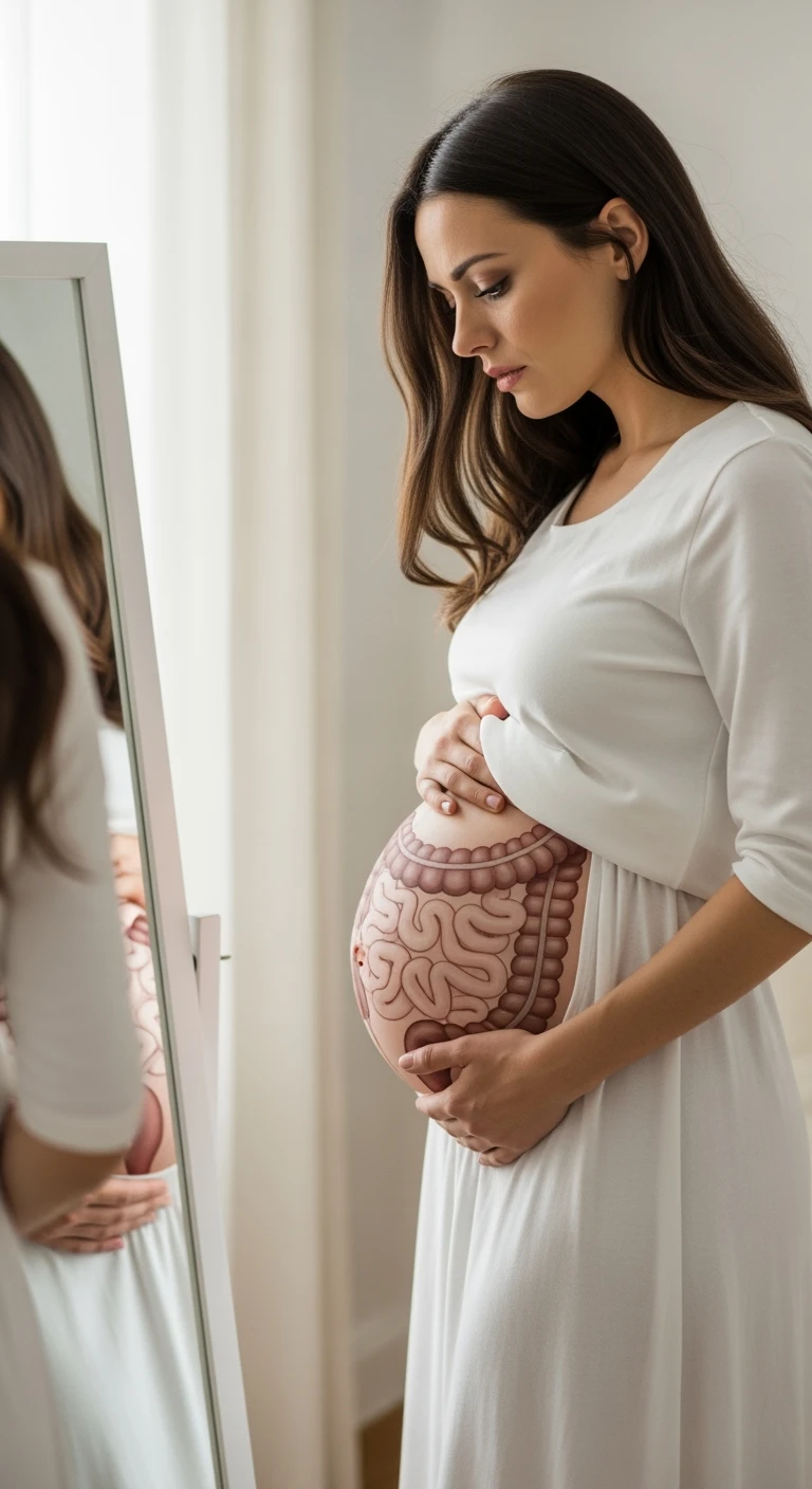 donna che si guarda allo specchio tenendosi la mano sulla pancia gonfia con espressione triste in volto, intestino umano anatomico in evidenza emoji