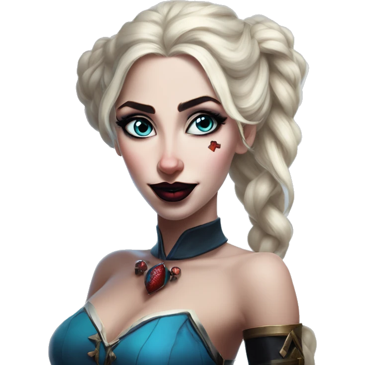 Arabic Elsa in Harley Quinn style, oil paint, mysterious eyes, intricate lips, masterpiece portrait, odd perspective, beautiful, desirable, logical emoji