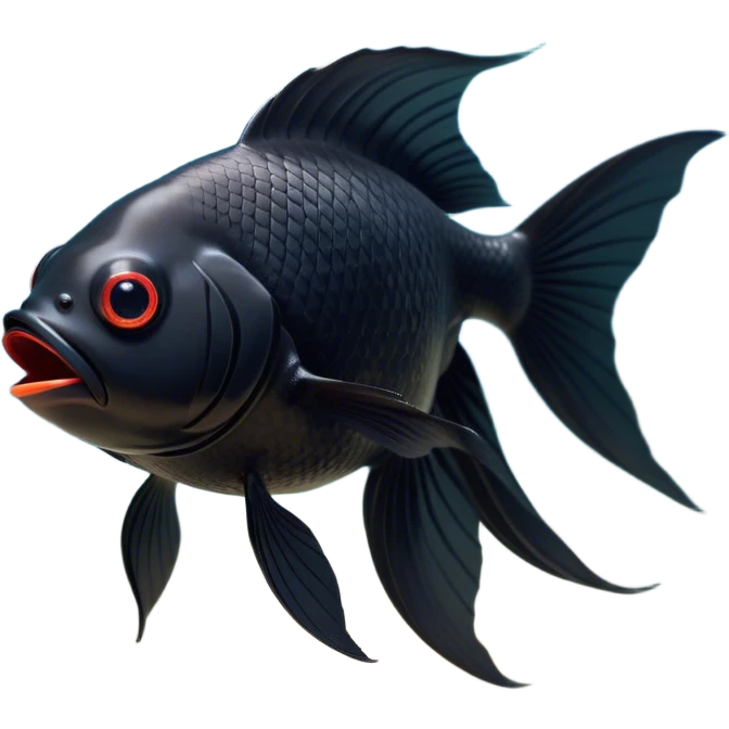 Cinematic Cute Yawning Black Goldfish Portrait Emoji, Head tilted slightly with a dramatic, wide-open yawn, showcasing a smooth, deep black body with elegant, flowing fins, eyes barely open in drowsy contentment, Simplified yet irresistibly adorable features, highly detailed, glowing with a soft, cozy glow, high shine, relaxed yet expressive, stylized with a touch of whimsy, bright and endearing, soft glowing outline, capturing the essence of a sleepy yet affectionate goldfish, so drowsy it feels like it could float out of the screen and curl up for a nap! emoji