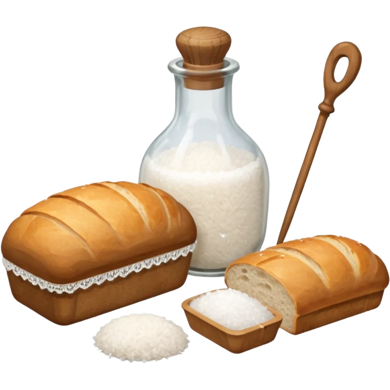 a one victorian bottle of salt and a loaf of bread - crochet needles and a ball of wool emoji