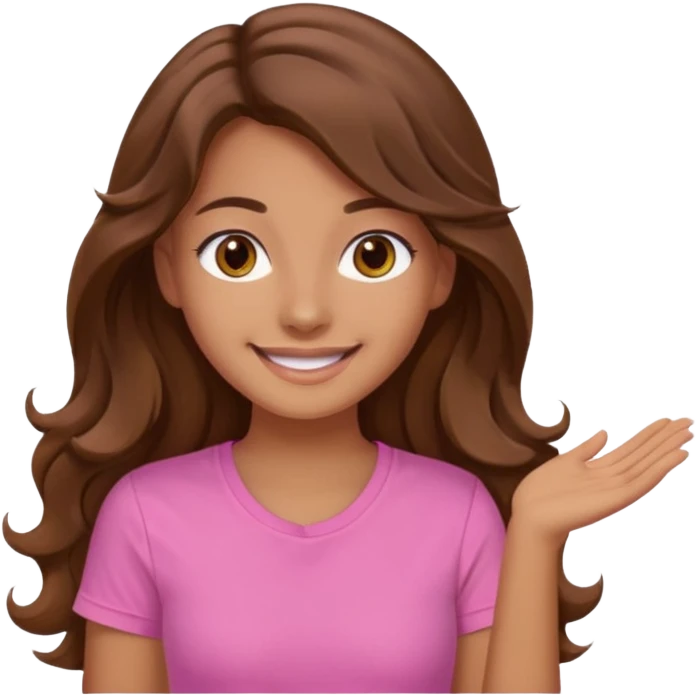 A pretty girl with tan skin and long wavy hair, wearing a pink basic shirt with brown eyes emoji