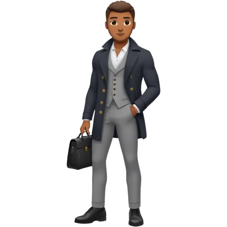 Handsome Black guy with brown skin tone, with lean muscular build, wearing gray slacks, a long sleeved white button up top, black shoes, and a black pea coat  emoji