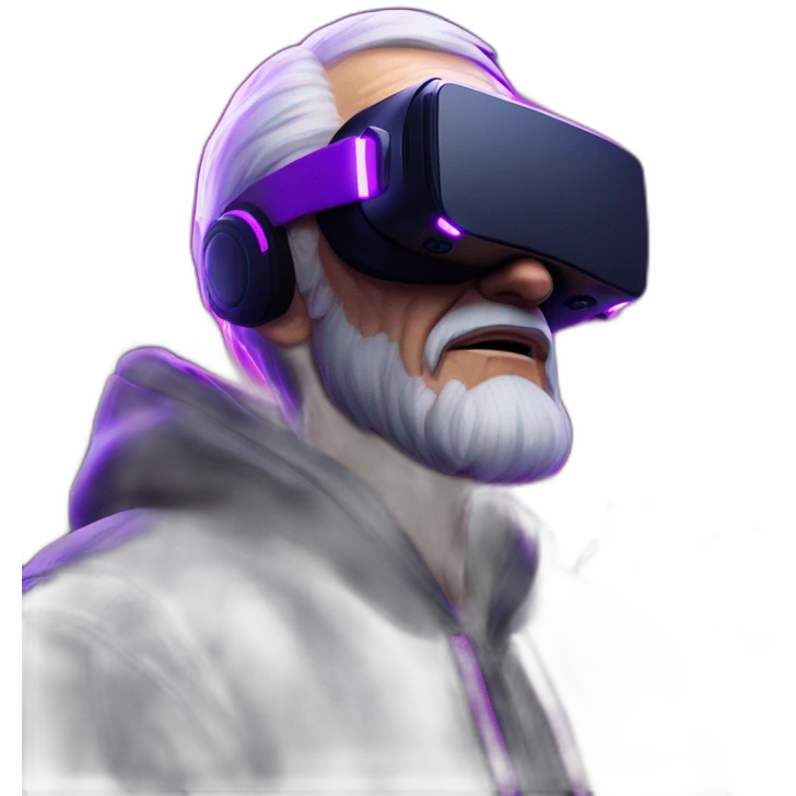 Russian old man wearing a black hoodie with "OMG" letters on it and VR headset in a cyberpunk VR environment with violet neon lighting. emoji