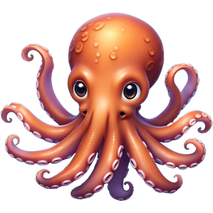 Cinematic Cute Octopus Portrait Emoji, Head tilted playfully and inquisitively, featuring a charming, rounded body with soft, shimmering skin and eight expressive, gently curling arms with playful suckers, with round, sparkling eyes full of wonder, Simplified yet irresistibly adorable features, highly detailed, glowing with a warm, inviting underwater glow, high shine, affectionate and lively, stylized with a touch of whimsical marine charm, soft glowing outline, capturing the essence of a mischievous yet loving octopus that seems as if it could float out of the screen into your arms! emoji