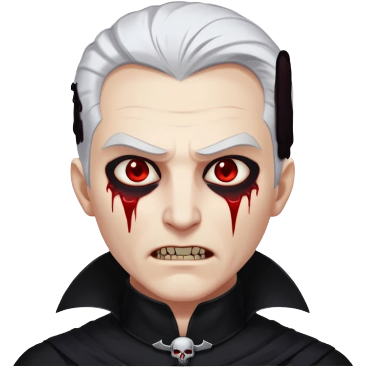 Creat a young man Vampire with white skin and white hair "make him have slide back hair" and full black vampire clothes and bloody eyes and long fangs and scary dead sleepy eyes and silver logo on his neck emoji