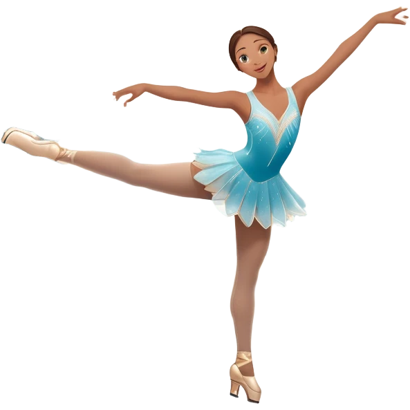 An icon showing a graceful figure skater mid-spin on a sparkling ice rink, arms extended in an elegant pose. The background features soft lights, festive decorations, and an audience in a cozy arena. Transparent background highlights beauty and artistry of figure skating emoji