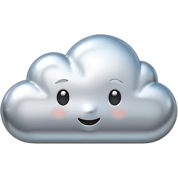 A cute cloud emoji made of silver chrome, smooth rounded shape, glossy metallic surface, soft reflections, minimal and friendly design, iOS emoji style, centered, clean white background, soft lighting emoji