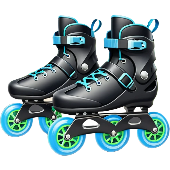 An icon showing a close-up of inline rollerblades resting on smooth asphalt in a park. The background features trees, grass, and a clear sky, with the vibrant green landscape creating a serene outdoor vibe. The skates' wheels are highlighted against the pavement. Transparent background  emoji