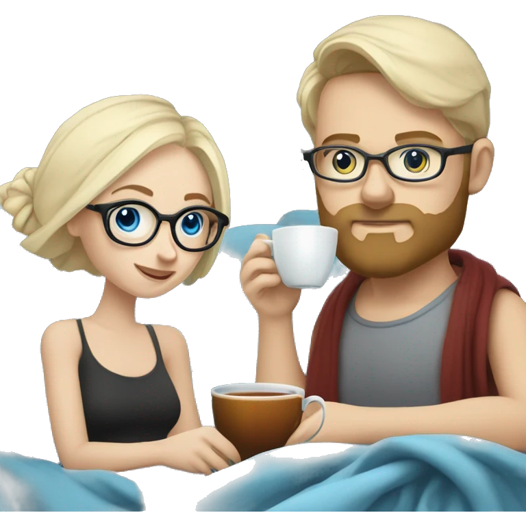 Pale blonde girl with blue eyes wearing glasses and pale man with short black hair and beard drinking tea under a blanket emoji