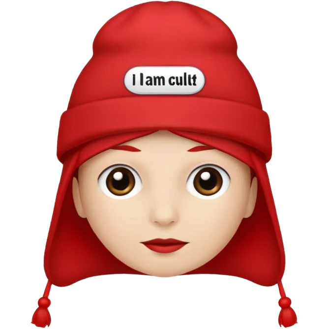 Red hat with no person in it that says "I AM IN A CULT" in white text emoji