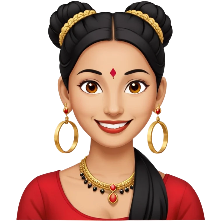 Phụ nữ 35 tuổi, da vàng, tóc buộc dài màu đen, có chấm đỏ bindi trên trán, mặt cười tươi, đeo khuyên tai tròn to bằng vàng, nửa thân trên emoji