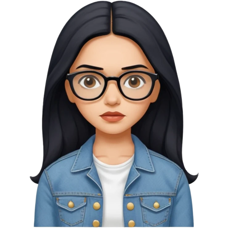 generate a pretty bratz emoji 
Make her wear a white dress with a denim jacket over it.long  black hair side part 

She should look exactly  like Deepika padukone! wearing tiny rectangular spectacle, looking sad emoji