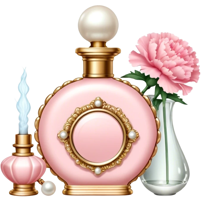 "An ornate Shell Pink perfume bottle with an atomizer, surrounded by Pearl Pink carnations. A string of pearls and a vintage mirror enhance the old Hollywood charm." emoji