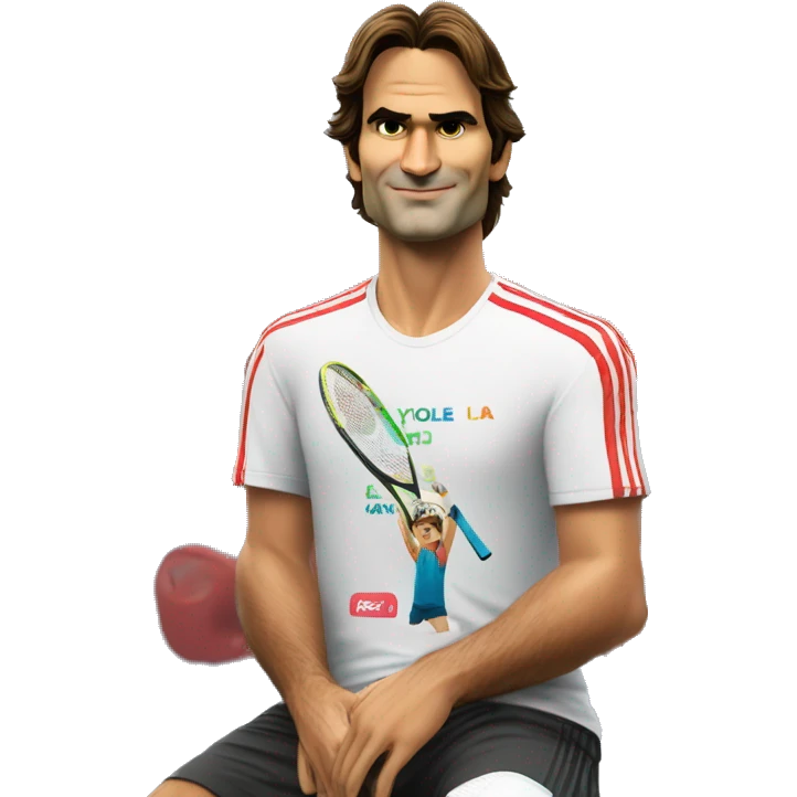 Roger federer with a Tshirt saying "La multi ani, Alex Coman! You are my role model" emoji