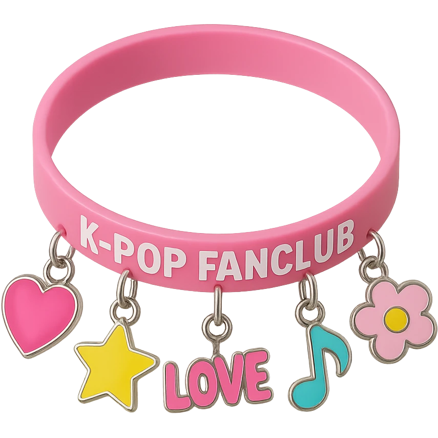 pink kpop fan club bracelet with charms, fun and collectible emoji
