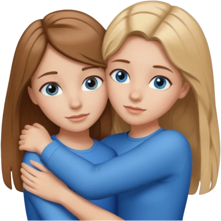 two Girls, Brown and Blonde hair, with Blue Eyes hugging one has Brown hair emoji