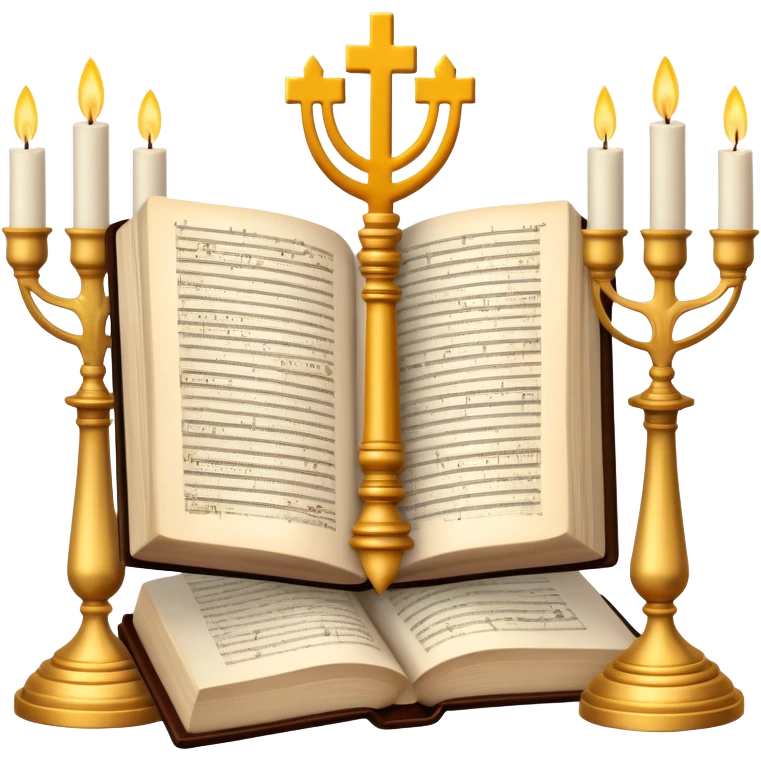 An icon featuring a Torah scroll, Menorah, Bible, Orthodox cross, Quran, and a Buddha statue, symbolizing the study of religions. The design includes diverse religious symbols arranged harmoniously, representing global faiths and spiritual practices. Transparent background emoji
