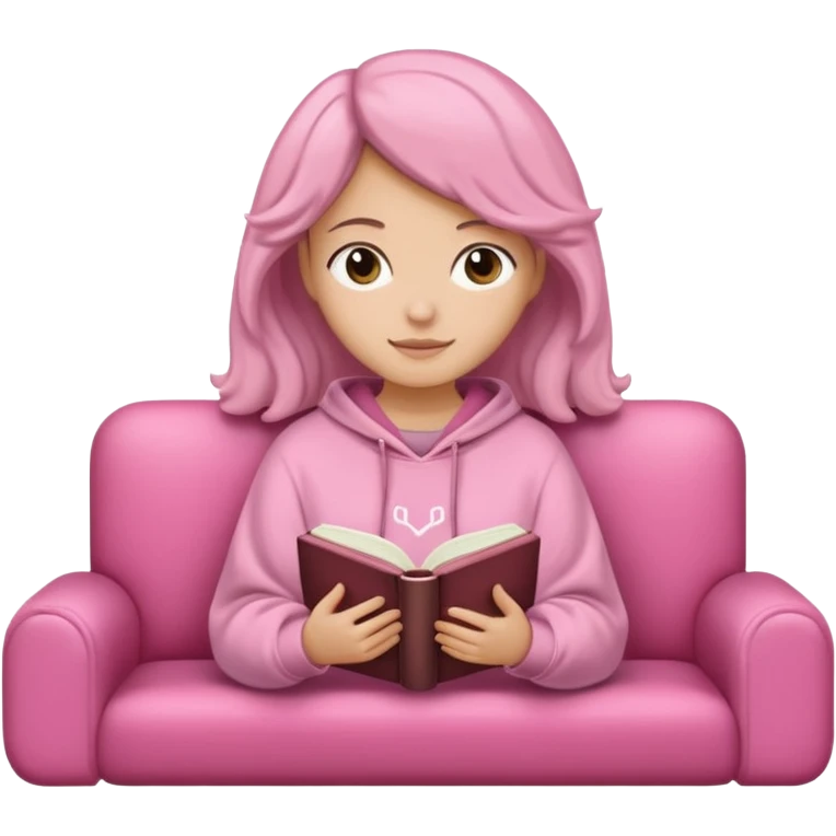 Una chica linda de cabello oscuro con ondas hasta los hombros de piel blanca con una sudadera rosa en un sofá cómodo y hermoso leyendo la biblia emoji