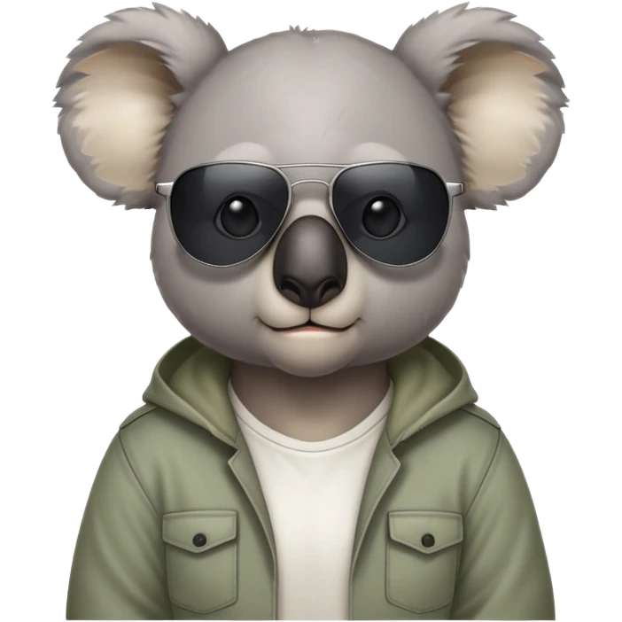 anthropomorphised koala, head and shoulders, casual clothing, dark sunglasses, fierce expression with different look emoji