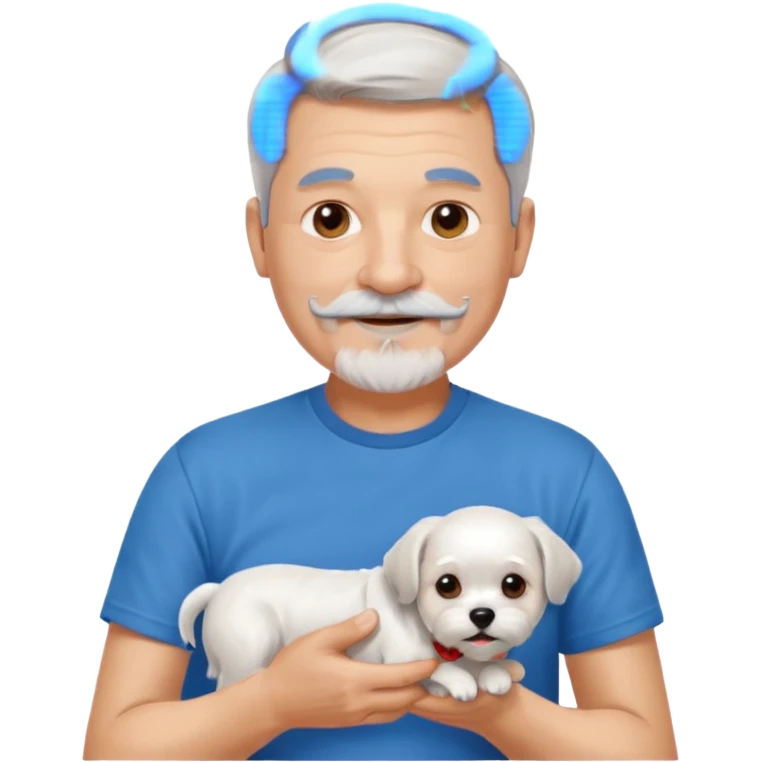 handsome gentleman, 60 years old, very short silver hair, beard, sideburns and moustache, wearing a blue t-shirt, smiling and holding a maltese dog emoji