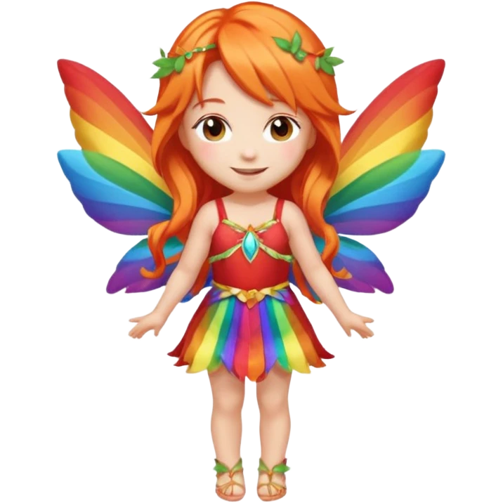 fairy with long orange hair, rainbow wings, red dress, happy, chibi full body emoji