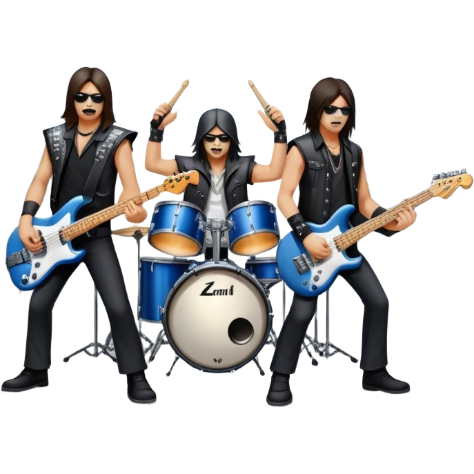 Icon for Metal Music: metal band on stage with 4 musicians playing electric guitars, bass, and drums. The atmosphere is intense, with flashing lights, smoke, and energetic stage presence. The vibe is powerful and electric. Transparent background. emoji