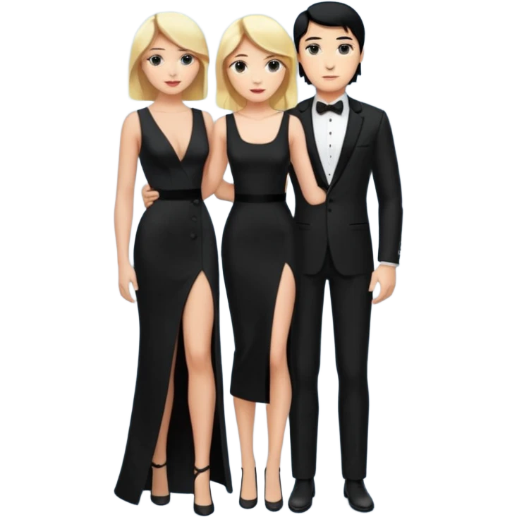 Blonde woman, black, Long, tight, sleveless Dress, Slot left Leg, man, black Hair, in Dinner jacket emoji