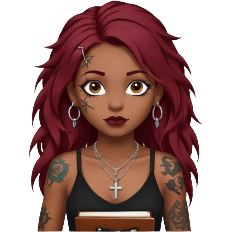 generate an ios genmoji of a dusky girl with long dark red messy hair with eyeliner on her eyes. septum piercing, wearing a cami black top, has tattoos, on shoulders. ear piercings. wearing a cross silver necklace. carrying a lot of sketchbooks emoji