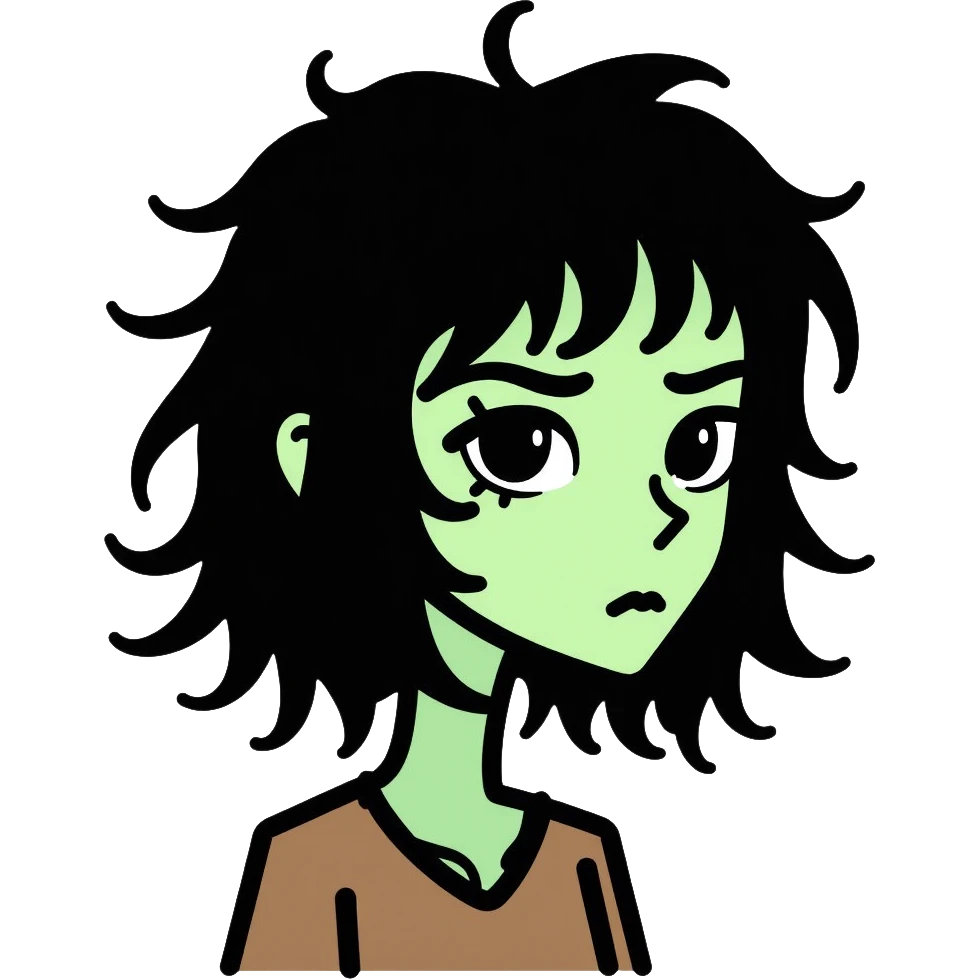 zombie girl with shoulder-length hair in transition, pale green skin, dark circles around eyes, messy hair emoji