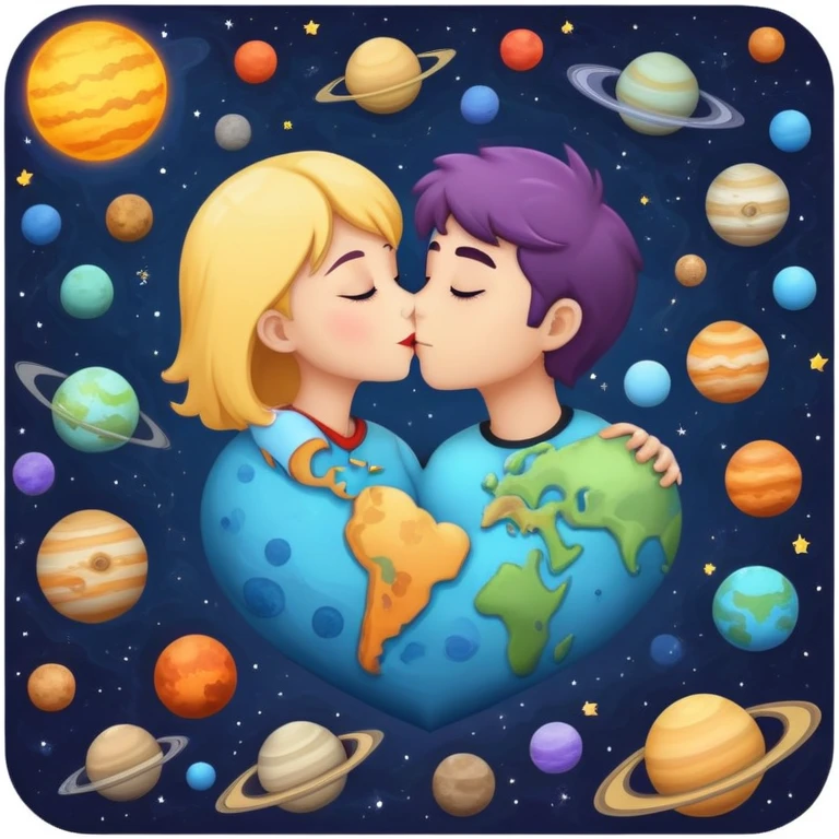 Solar system with heart-shaped planets and couples kissing, cute characters embracing on different planets, colorful cosmic scene emoji