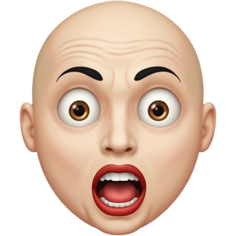 a bald cabaret actor with a white, dry, long, made-up face and heavily made-up eyes and mouth, a huge, wide-open mouth and a startled look emoji