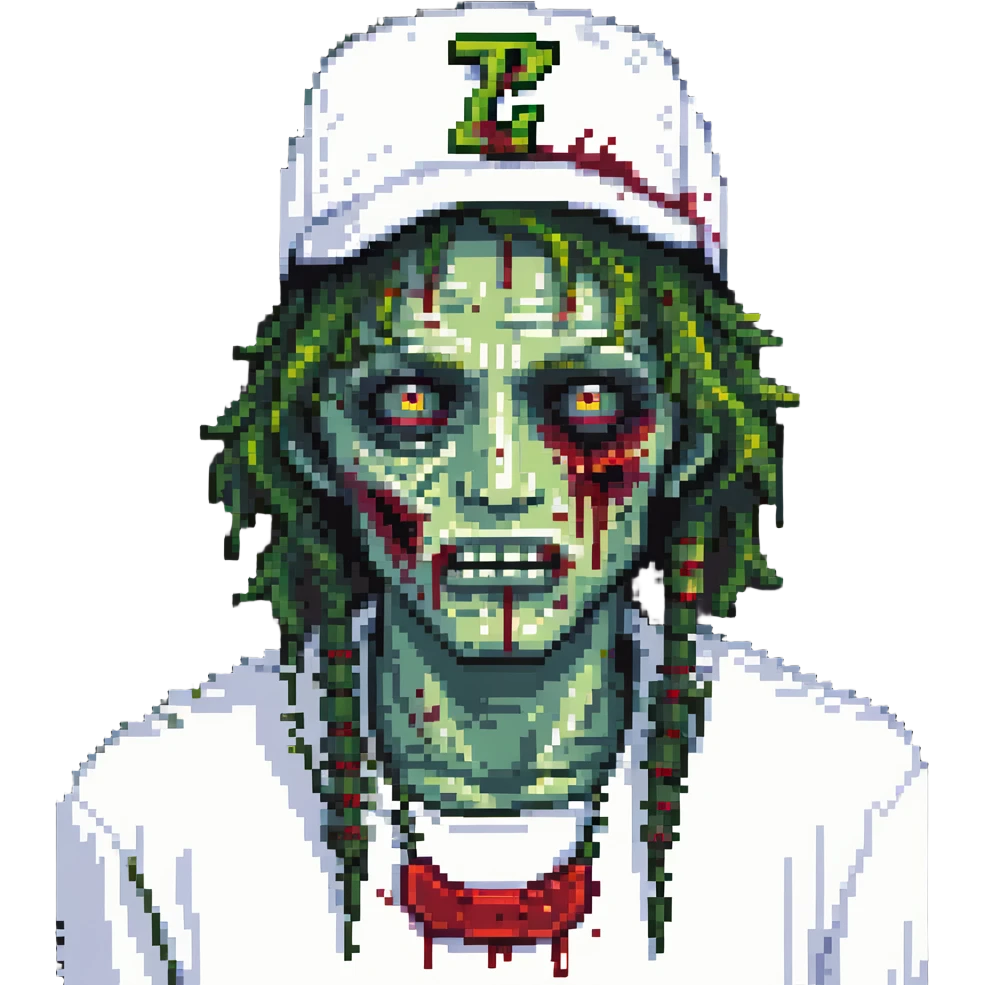 green zombie with blood on lower eyelid, wearing LA hat, white shirt, blood on mouth emoji