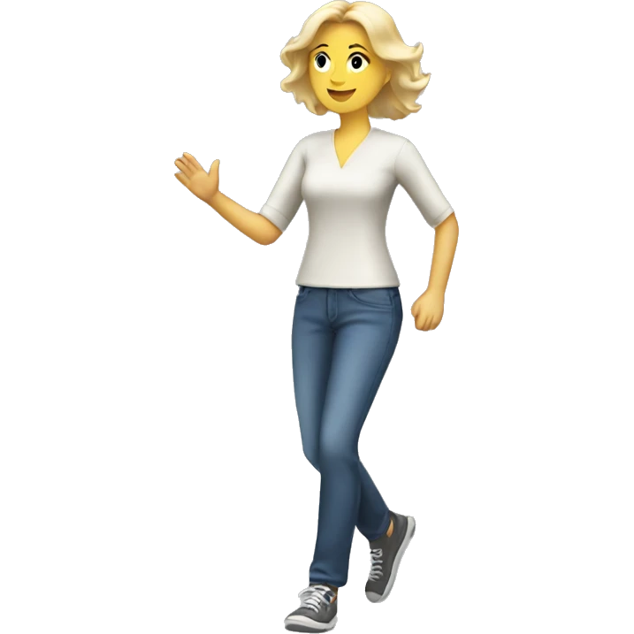 walking, white woman, a blonde, friendly waving, casual dress emoji