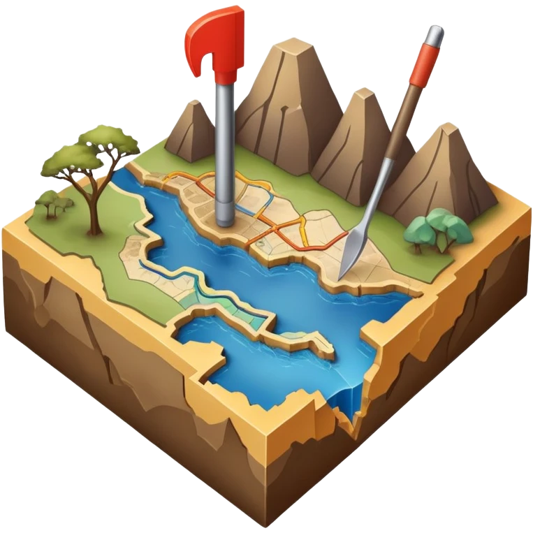 An icon featuring a crowbar and a geological map, and layers of Earth’s crust, symbolizing geology. The design includes mineral samples, fossils, and tectonic plates, representing the study of Earth’s structure and natural processes. Transparent background highlights geological exploration emoji