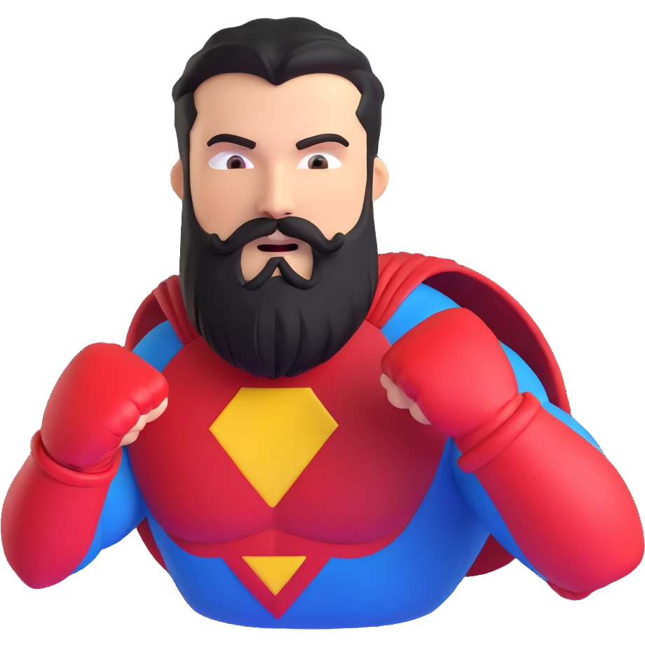 superhero with beard shaped like fists, punching with his beard emoji