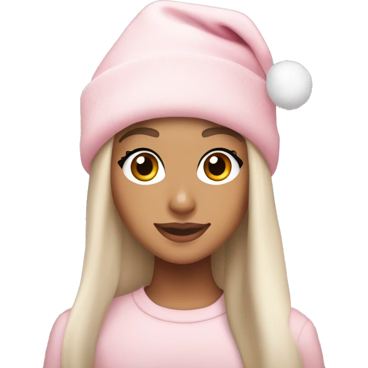 Ariana grande in a light pink christmas outfit wearing a light pink christmas hat emoji