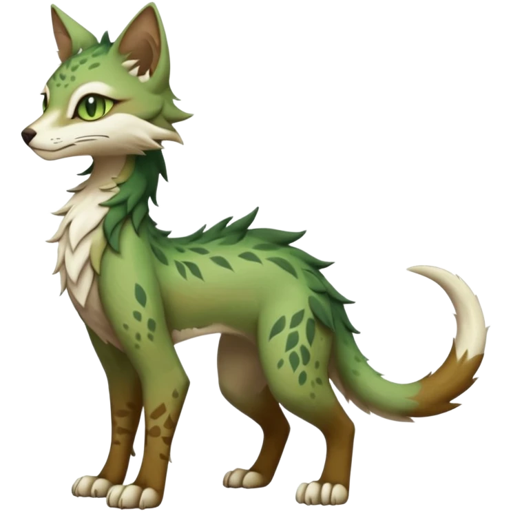 Kawaii cool edgy brown beige white fantasy ethereal feline-vernid-sergal-fursona animal creature with a tufted tail full body with intricate markings, hazel-gold-green eyes emoji