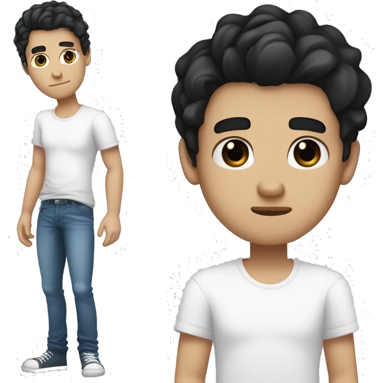 A guy with pale skin, black eyes, tired look, tousled black hair, in a white T-shirt and blue jeans, barefootA guy with pale skin, dark circles under his eyes, black eyes, tired look, tousled black hair, in a white T-shirt and blue je emoji
