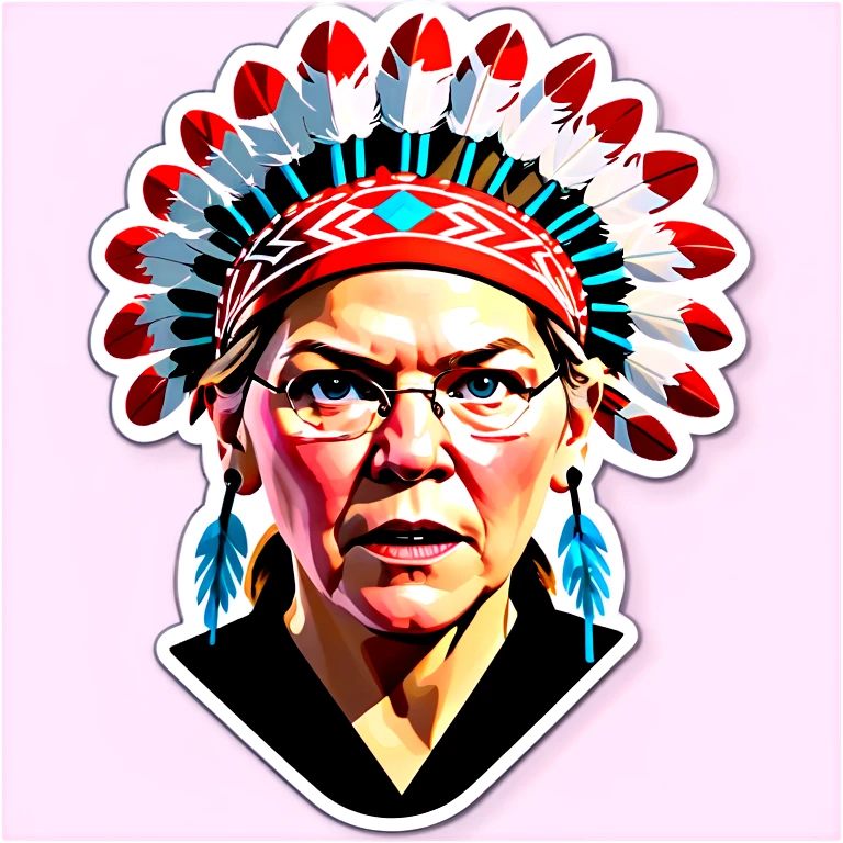 Make a picture of Senator Elizabeth Warren with a traditional Native American headdress make it less cartoonish without the braids make it more realistic accentuate her wrinkles and more realistic  emoji
