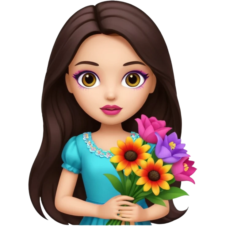  pretty bratz doll with makeup , long dark brown hair holding big bouquet of flowers  emoji